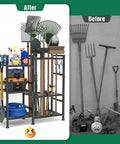 Garden Tool Organizer For Garage And Shed, 3 Tier Yard Tool Storage Rack With 35 Long Handled Slots, Heavy Duty Tool Holder shown in use before and after.
