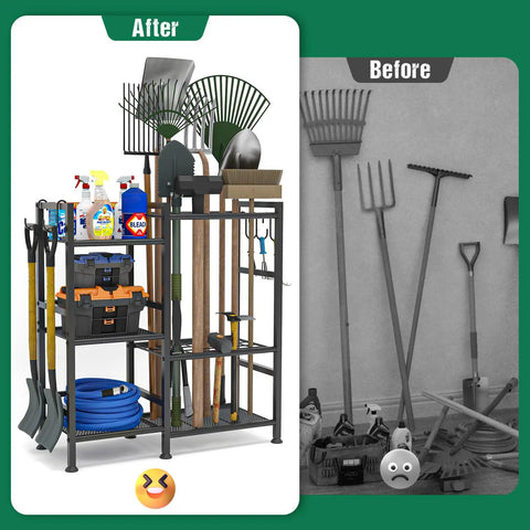 Garden Tool Organizer For Garage And Shed, 3 Tier Yard Tool Storage Rack With 35 Long Handled Slots, Heavy Duty Tool Holder shown in use before and after.