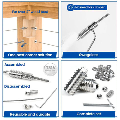 Diagram showing Twenty Pack One Eighth Inch Swageless Invisible Cable Railing Kit With Hidden Fittings And Lag Screws For Wood Posts