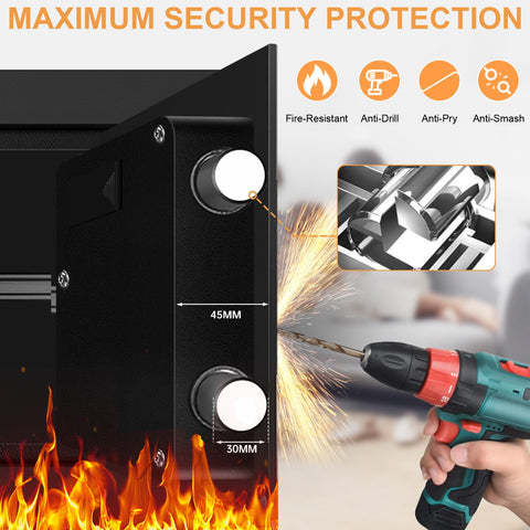 Heavy Duty Home Safe With Fireproof And Waterproof Protection Digital Security Safe With Key And Combo Lock Ideal For Storing Firearms Meds Documents Cash And Valuables In A 2.0 Cu Ft showcasing anti-drill and fire-resistant features with close-up on lock bolts.