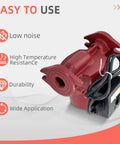 Three Speed Circulator Pump For Hot Water Hydronic Heating, One Twelfth Hp Flow Control Valve, Plug And Play Swap That Keeps Your Pipes Tight And Home Cozy, Zero Hassle Installation With Smooth Everyday Performance You Can Trust, showing features like low noise and high temperature resistance.