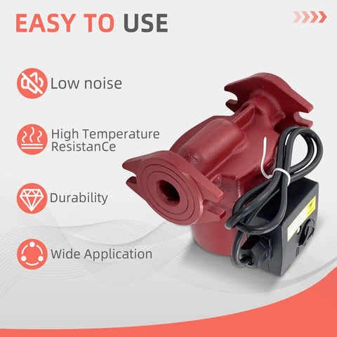Three Speed Circulator Pump For Hot Water Hydronic Heating, One Twelfth Hp Flow Control Valve, Plug And Play Swap That Keeps Your Pipes Tight And Home Cozy, Zero Hassle Installation With Smooth Everyday Performance You Can Trust, showing features like low noise and high temperature resistance.