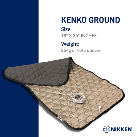 KenkoGround Grounding Mat 18x36 inch black pad for recovery, calm vibes, pain relief, and sleep support, shown with cord.