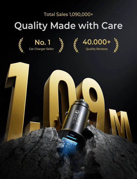 Mini Metal Car Charger With 67.5W USB C Fast Charging PD QC For 12V Lighter Outlet with sales and quality accolades backdrop.