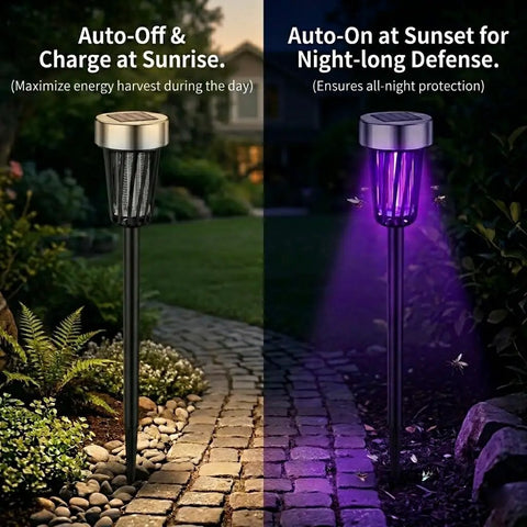 Solar Powered Outdoor Bug Zapper Pack of 4 for Backyard, Garden and Walkways shown in daytime and glowing at night