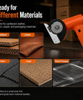 Cordless Electric Cardboard Cutter 3/8 Inch Blade For Thick Shipping Boxes And Cartons, ergonomic orange design, ready for various materials.