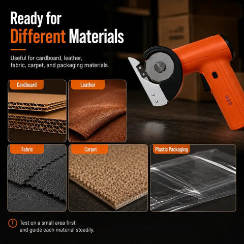 Cordless Electric Cardboard Cutter 3/8 Inch Blade For Thick Shipping Boxes And Cartons, ergonomic orange design, ready for various materials.