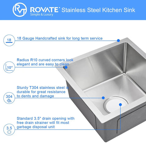 Bar Sink 15 By 15 By 8 Inch Undermount Single Bowl Stainless Steel Kitchen Sink T-304 With Strainer features