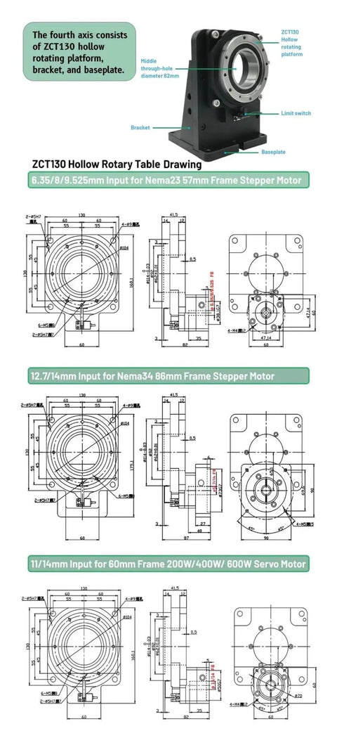 Top Shelf Electric 4Th Axis 360 Degree Rotary Table Featuring A Dope 3Nm Stepper Motor With Smooth 18 to 1 Gear Driven R Axis baseplate and bracket diagram.