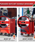 Front and side views of red workbench with 4 black heavy-duty leveling casters, 360° swivels