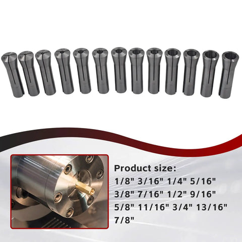 Pro Grade 13 Piece Collet Set One Eighth To Seven Eighth Inch R8 Mill Collet Holder For CNC Engraving Machines displayed with size chart