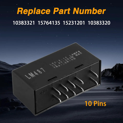 Front view of Hazard Warning And Turn Signal Flasher Relay Module for GMC Chevrolet Cadillac Hummer, model LM487, 10 pins visible.