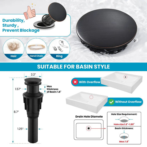 Diagram of pop-up drain compatibility for Single Handle Vessel Sink Faucet 360 Degree Swivel One Hole Farmhouse Lavatory Vanity Mixer Tap
