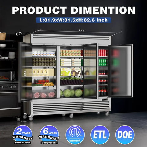 Next Level 3 Door Reach In Commercial Freezer 72 Cu Ft 82 Inches Wide Stainless Steel with adjustable shelves and food items inside.