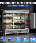 Built Tough Hella Spacious 72 Cubic Foot Commercial Refrigerator 82 Inch Wide stainless steel fridge with food inside.