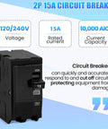 15 Amp Two Pole Circuit Breaker Compatible With Sd Qo Load Centers And Nqod Panels Boasting 10ka Rating And 120 240 Volt Operation, showing specs.