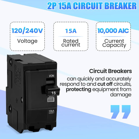 15 Amp Two Pole Circuit Breaker Compatible With Sd Qo Load Centers And Nqod Panels Boasting 10ka Rating And 120 240 Volt Operation, showing specs.