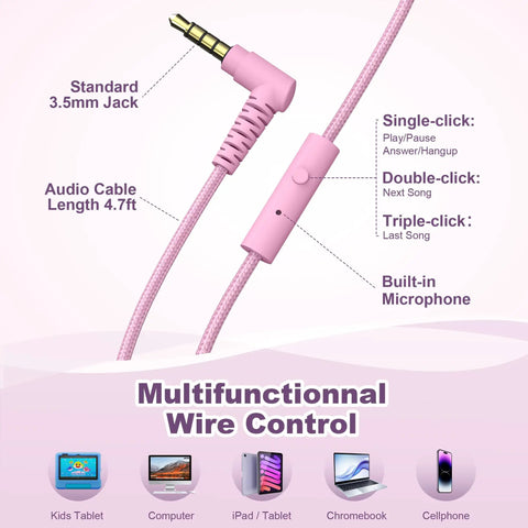 Pink audio cable with 3.5mm jack and microphone for On Ear Kids Headphones With Microphone, Wired, 93dB Volume Limited, Pink Purple.