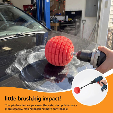 Eight Piece Aluminum Wheel Polishing Kit For Drills With Foam Sponge Polishing Balls in use on car surface