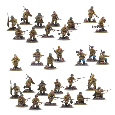 28mm scale Soviet Army Infantry Platoon plastic miniatures for Bolt Action WWII games with Mosin Nagant rifles and command options.