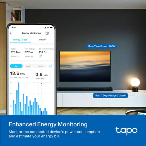 Energy monitoring on smartphone showing data for Two Independent In-Wall Smart Plug With Matter Support, Energy Monitoring, 15 Amp 1800 Watt Max