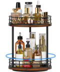 Two Tier Rotating Wooden Bathroom Countertop Organizer Featuring Smooth 360 Degree Spin And Dual Layer Storage For Skincare Perfume And Cosmetics Keeping Your Vanity Setup Super Chill And Clutter Free Always with various bottles on display.