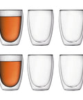 Set Of Six Double Wall Insulated Glass Tumblers Twelve Ounce Capacity Heat Resistant Borosilicate Construction Clear Look with beverage