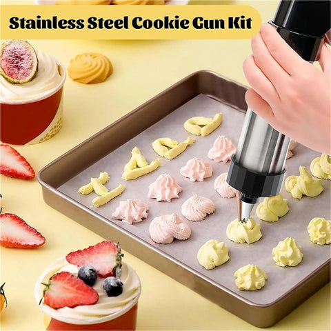 Stainless Steel Cookie Press Kit With 13 Discs And 8 Disc Set for DIY Baking in use decorating cookies on a baking tray.
