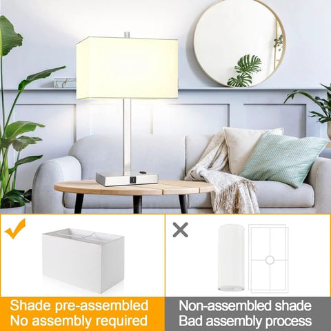 21 Inch Touch Bedside Lamp with USB and AC outlets on living room table, white shade, 3 way dimmable, 3000K LED bulb included