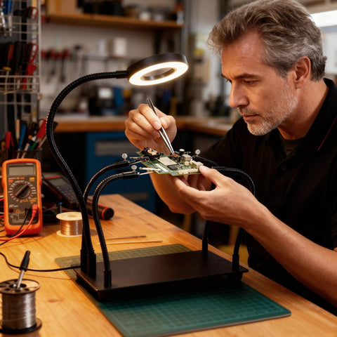 Man using Soldering Station With 5X Magnifying Light And Adjustable 4 Arm PCB Holder for assembly on wood workbench