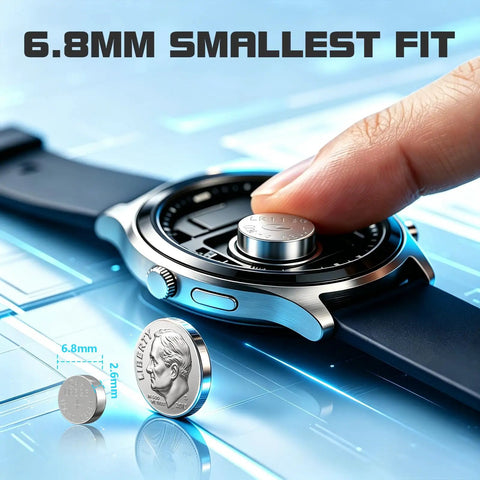 Hella Reliable 1.5V Alkaline Watch Batteries 377 LR626 AG4 SR626SW Coin Cell next to analog watch for size comparison.