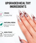 Close-up of hand with artistic false nails, highlighting Hema Free Solid Nail Glue Gel For False Nail Tips with text about vegan ingredients.