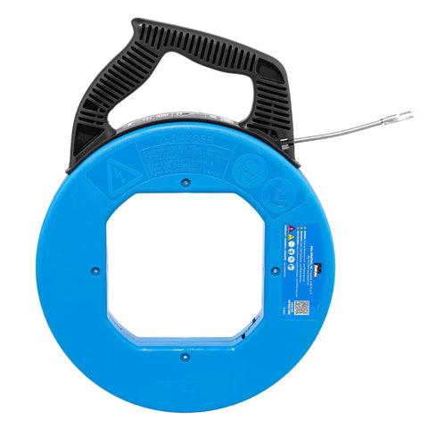 Sturdy 100 ft Stainless Steel Fish Tape With Metal Eyelet Tuff Grip Pro Case for wet environments and tight bends.