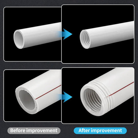 Dual Function PVC Pipe Threader Kit For Internal And External Threading In One Half Inch Three Quarter Inch And One Inch Pipes Go To Tool For Quick Plumbing Repairs And DIY Projects shown improving pipe threads