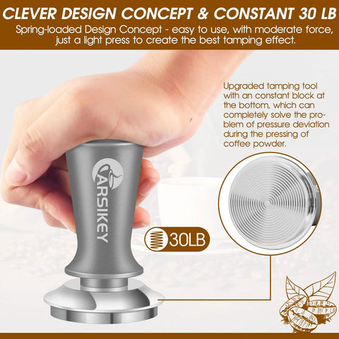 51mm Espresso Tamper With Calibrated Spring Loaded Mechanism For Home Baristas, highlighting ripple base and hand grip