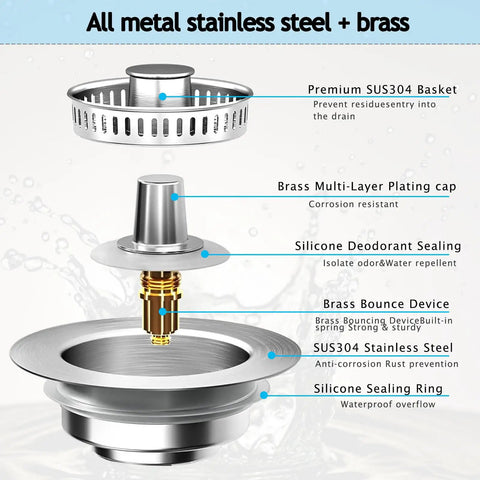 Slick Three In One Pop Up Kitchen Sink Drain Strainer And Stopper Filter with stainless steel and brass components in water.