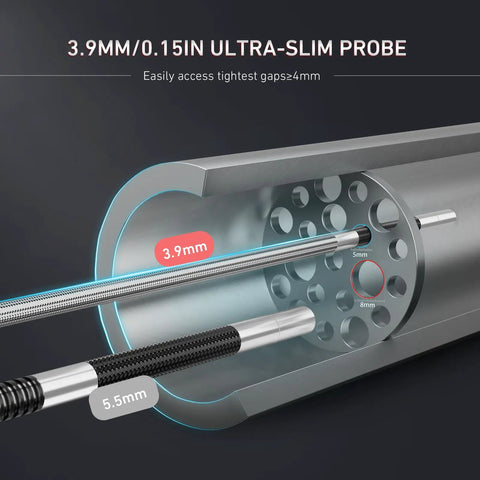 Ultra Slim 3.9mm Two Way Articulating Borescope With 5 Inch HD IPS Screen Stainless Steel Flexible Fiber Optic Endoscope Camera With Built In Light For Tight Engine And Pipe Inspections 0.15 Inch Probe Automotive Tool in 3.9mm probe size