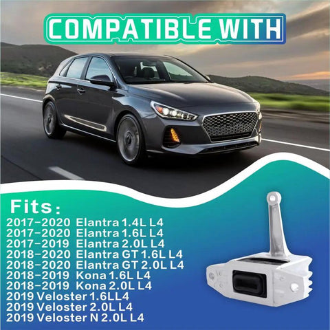 Premier Engine Motor Mount For 2017 To 2020 Hyundai Elantra And Elantra GT 1.4L 1.6L showing compatibility details with a vehicle.