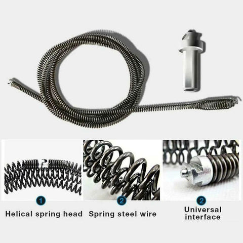Heavy Duty 16mm Metal Drain Auger Snake 5 Meter Pipe Cleaning Tool parts, including spring steel wire and universal interface.