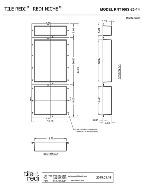 Diagram of Triple Shower Niche Organizer In Black With Three Shelves Recessed Tileable 16W x 40H x 4D Install Vertically or Horizontally