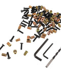 Solid Furniture Fastening Kits With Heavy Duty Metal Threaded Inserts For Wood Builds, 50 pack screws and tools displayed.