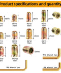 Detailed specifications of Heavy Duty Carbon Steel Threaded Wood Insert Kit 151 Piece M6 M8 M10 Screw In Set with various sizes.