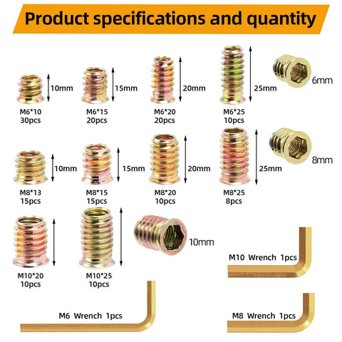 Detailed specifications of Heavy Duty Carbon Steel Threaded Wood Insert Kit 151 Piece M6 M8 M10 Screw In Set with various sizes.