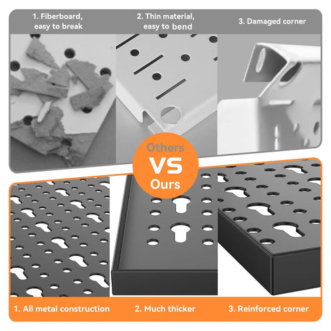 Comparison of black durable steel construction for Heavy Duty Metal Pegboard Wall Organizer against flimsy fiberboard alternatives.