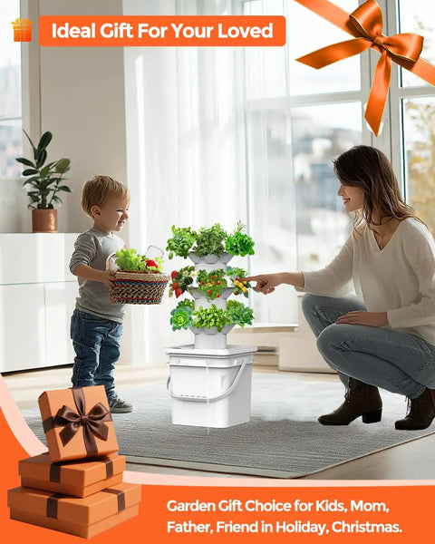 Mother and child with 18 Plant Hydroponic Growing System Kit With Tower Indoor Garden 10 Liter Large Capacity Water Tank Circulation
