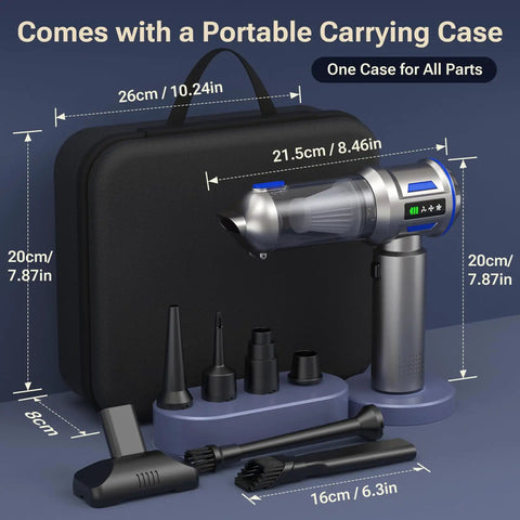 2 In 1 Mini Vacuum Cleaner With Air Duster And Suction Function 27000Pa Brushless Car Vacuum with accessories and carrying case
