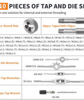 Go-To All-In-One Tap And Die Set For Cutting External And Internal Threads Bearing Steel Rethreading Tool Kit SAE And Metric M2 To M18 UNC UNF NPT With Complete Accessories And Sturdy Storage Case, showing 110 pieces including round dies and wrenches.