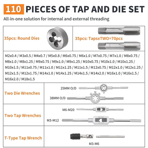 Go-To All-In-One Tap And Die Set For Cutting External And Internal Threads Bearing Steel Rethreading Tool Kit SAE And Metric M2 To M18 UNC UNF NPT With Complete Accessories And Sturdy Storage Case, showing 110 pieces including round dies and wrenches.