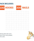 100 Lb Picture Hanging Hooks Set including 100 hooks, 300 nails for drywall and plaster with a heavy-duty frame hanger