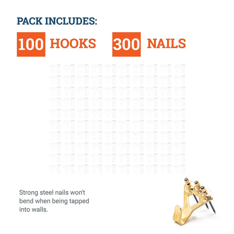 100 Lb Picture Hanging Hooks Set including 100 hooks, 300 nails for drywall and plaster with a heavy-duty frame hanger
